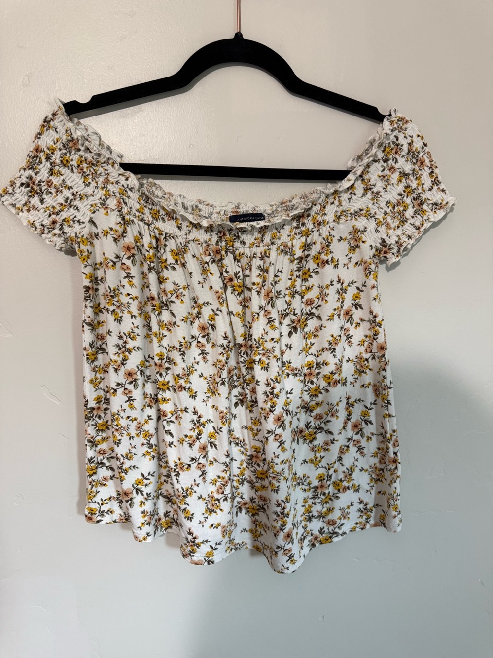 Off-Shoulder Floral Peasant Top - White with Yellow Floral